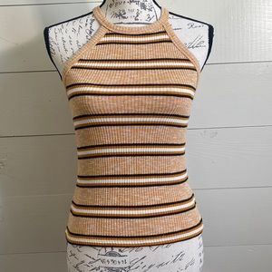 Stripped Halter Neck Ribbed Tank Top